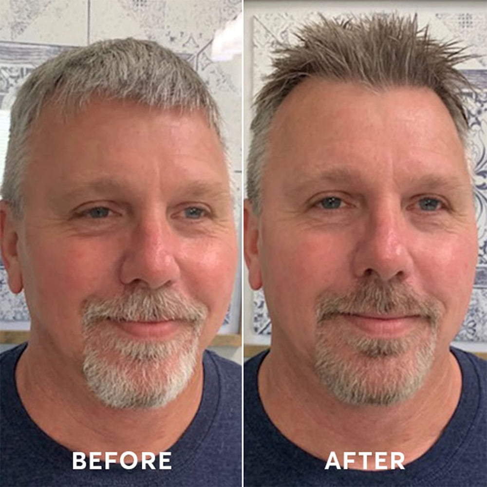 Madison Reed Mr. Hair Color Light Brown before-after illustrating natural gray blending.