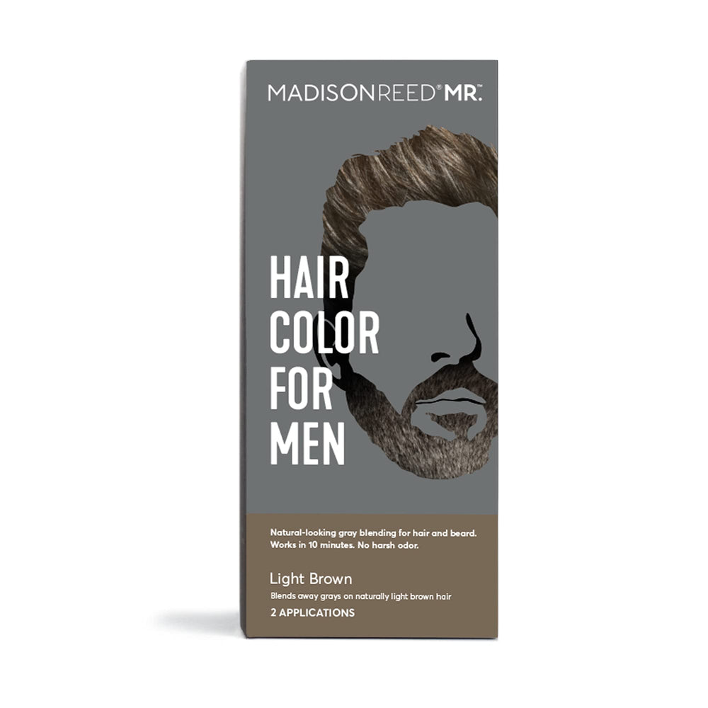 Madison Reed Mr. Hair Color Light Brown packaging shows kit contents for two applications.