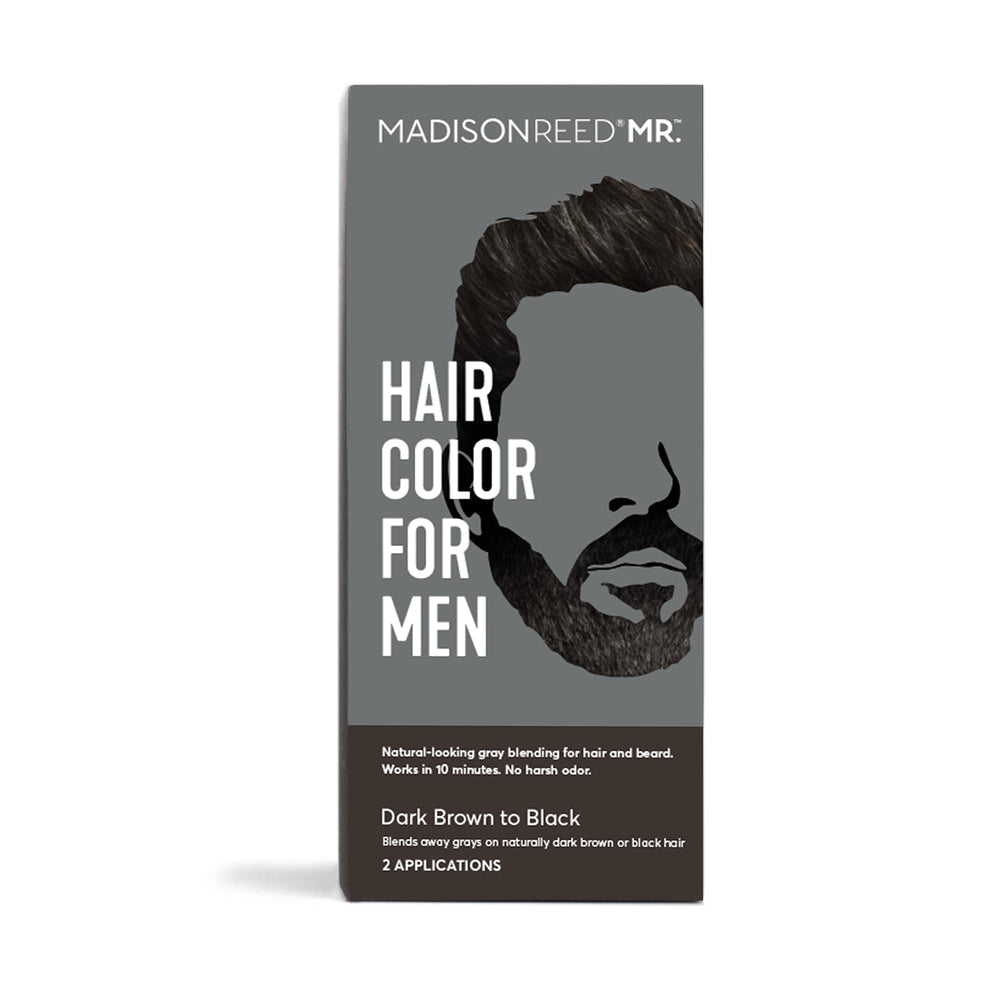 Madison Reed Mr. Hair Color for Men packaging shows dark brown to black dye for gray blending.