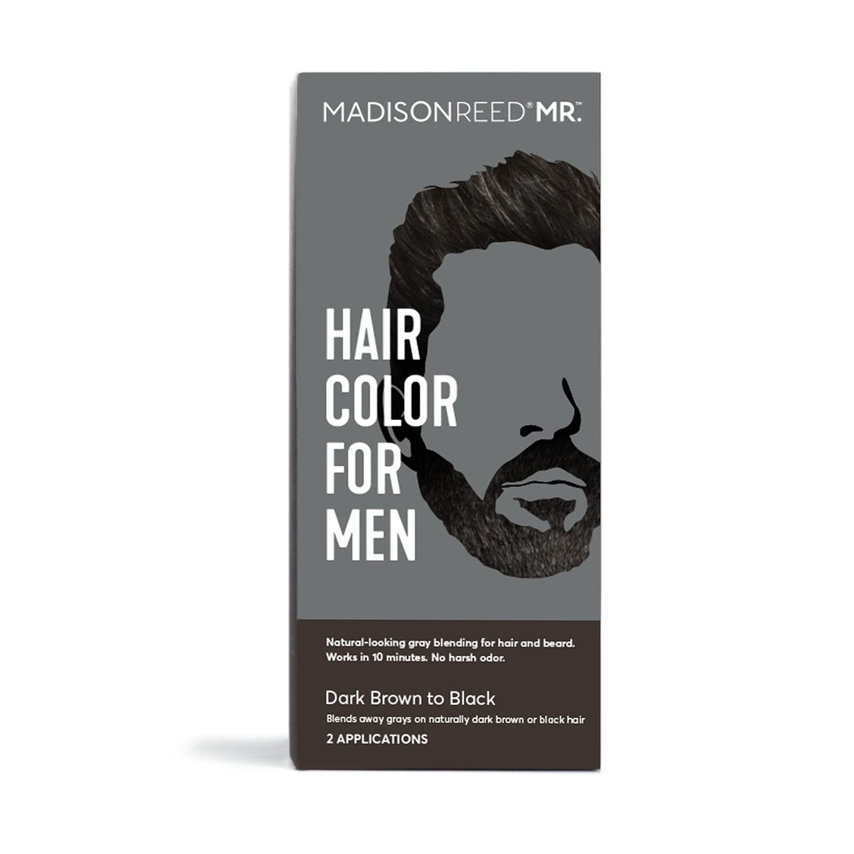 Madison Reed Mr. Hair Color for Men packaging shows dark brown to black dye for gray blending.