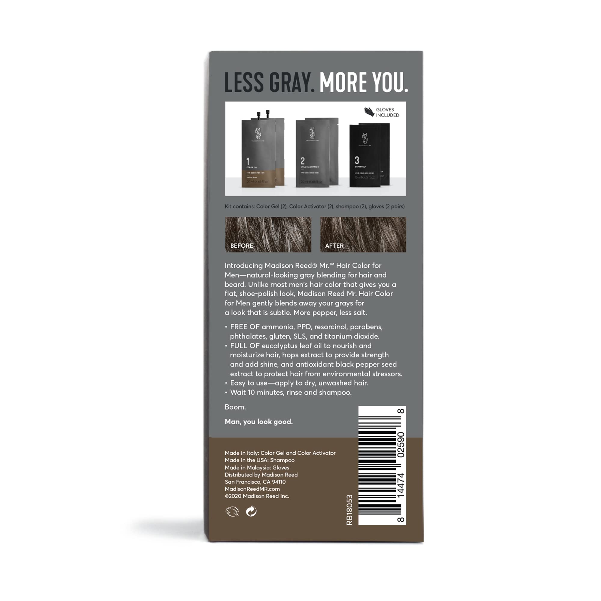 Madison Reed Mr Hair Color for Men Medium Brown color gel pouch highlighting easy 15 minute application