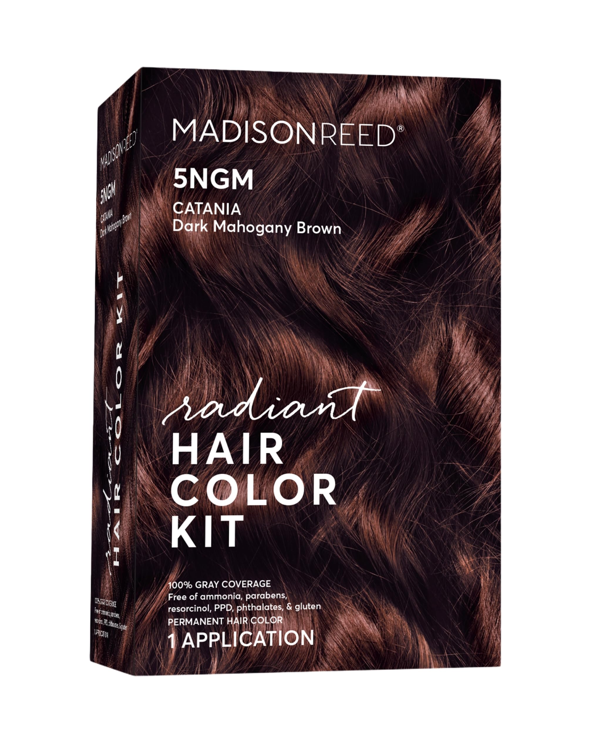 Madison Reed Radiant Color Kit in 5NGM dark cinnamon brown with gold mahogany tones for natural gray blending
