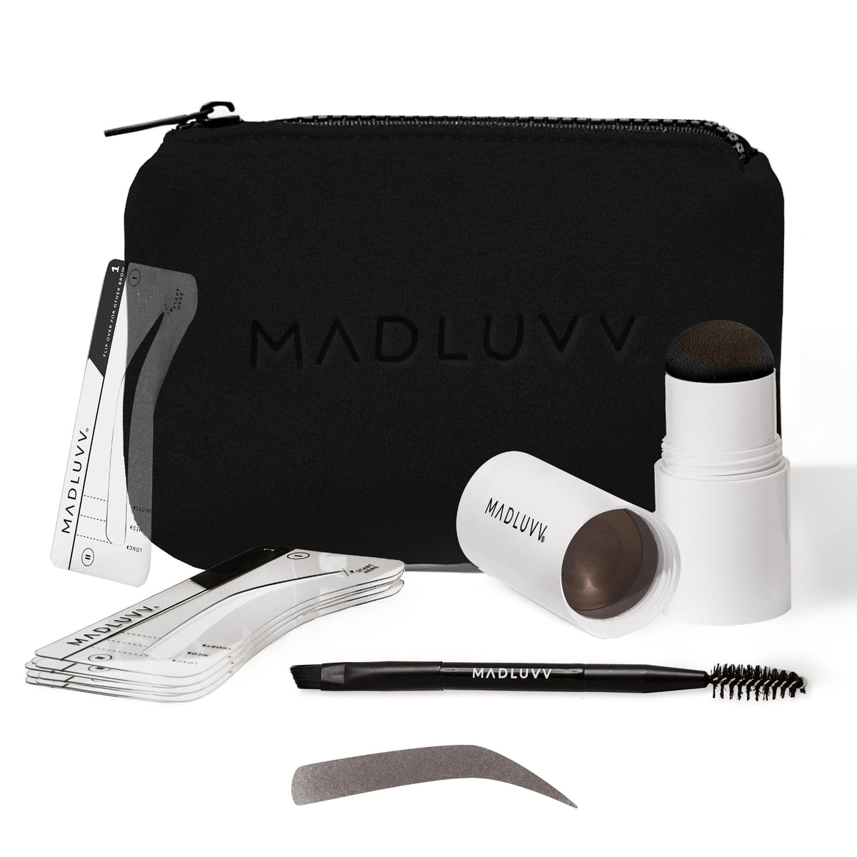 MADLUVV Brow Stamp Kit setup shows organized tools for fast brow shaping.
