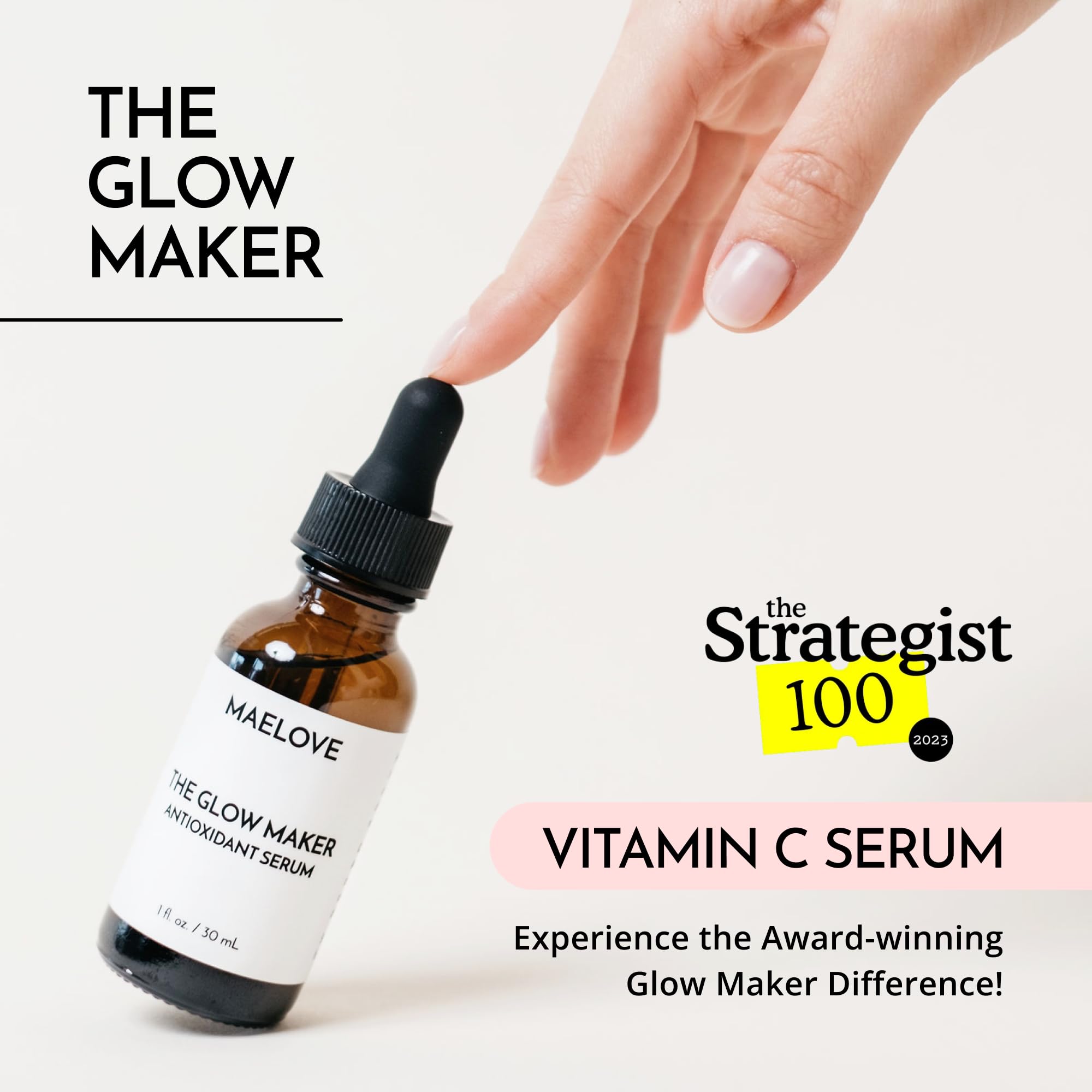 MAELOVE Glow Maker amber bottle closeup highlights premium packaging for antioxidant protection.