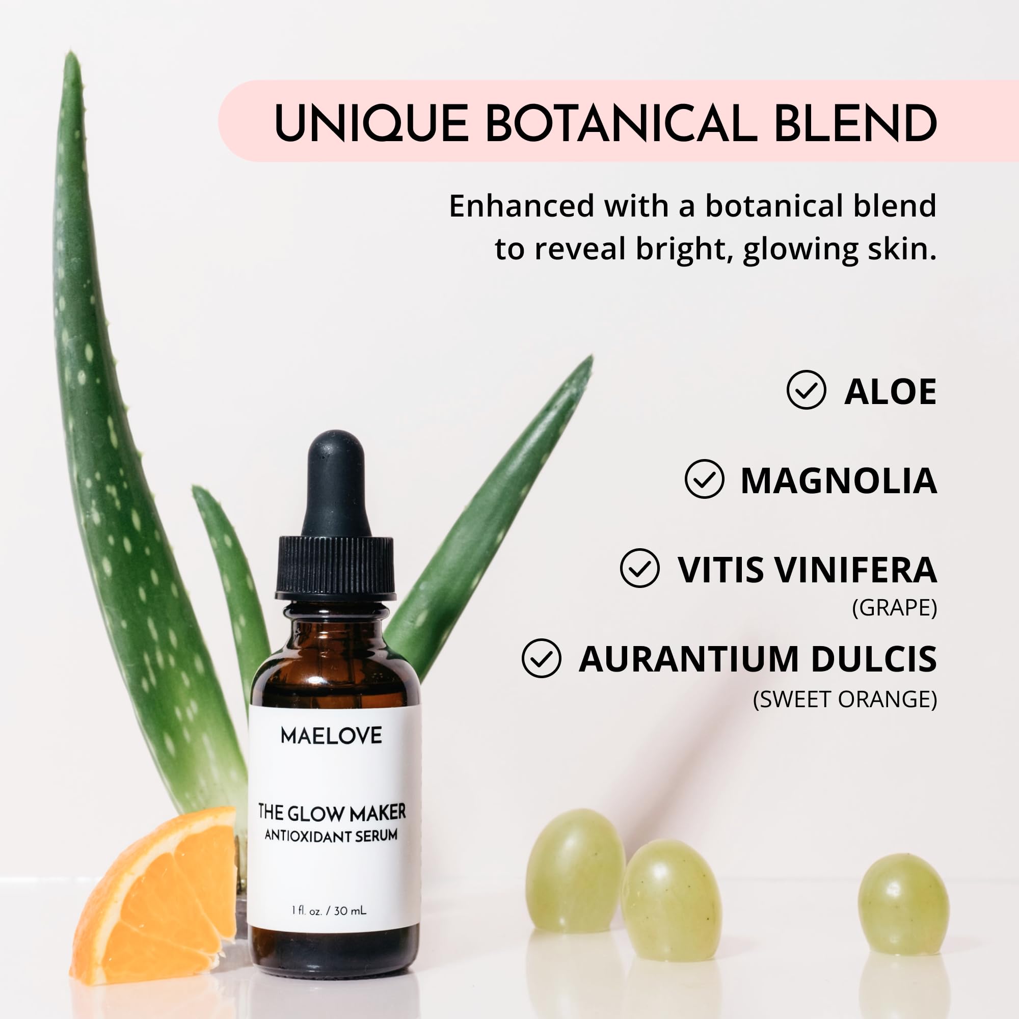 MAELOVE Glow Maker ingredients highlight vitamin C, ferulic acid and hyaluronic acid benefits.