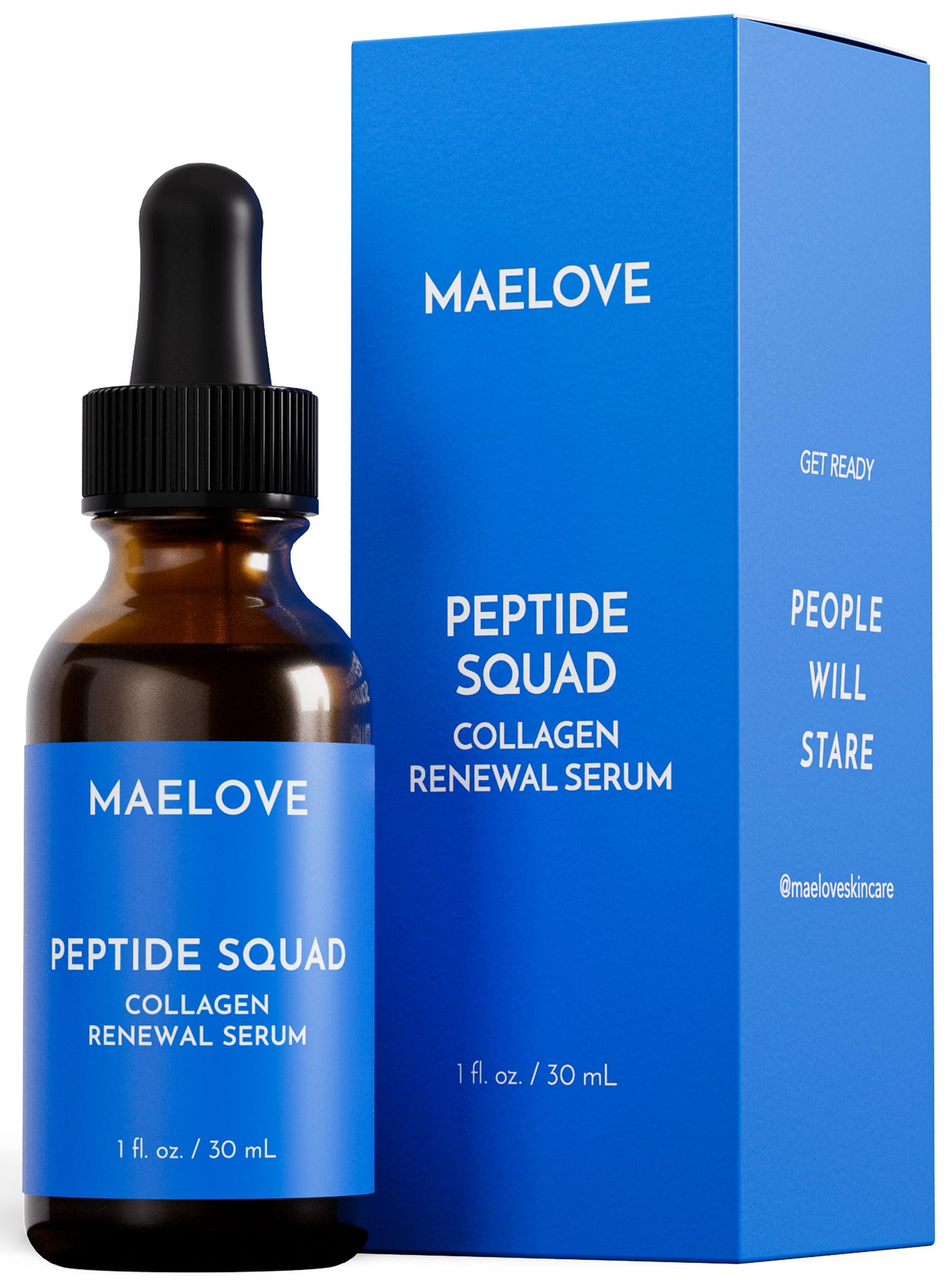MAELOVE peptide squad serum bottle for visible smoothing and hydration.
