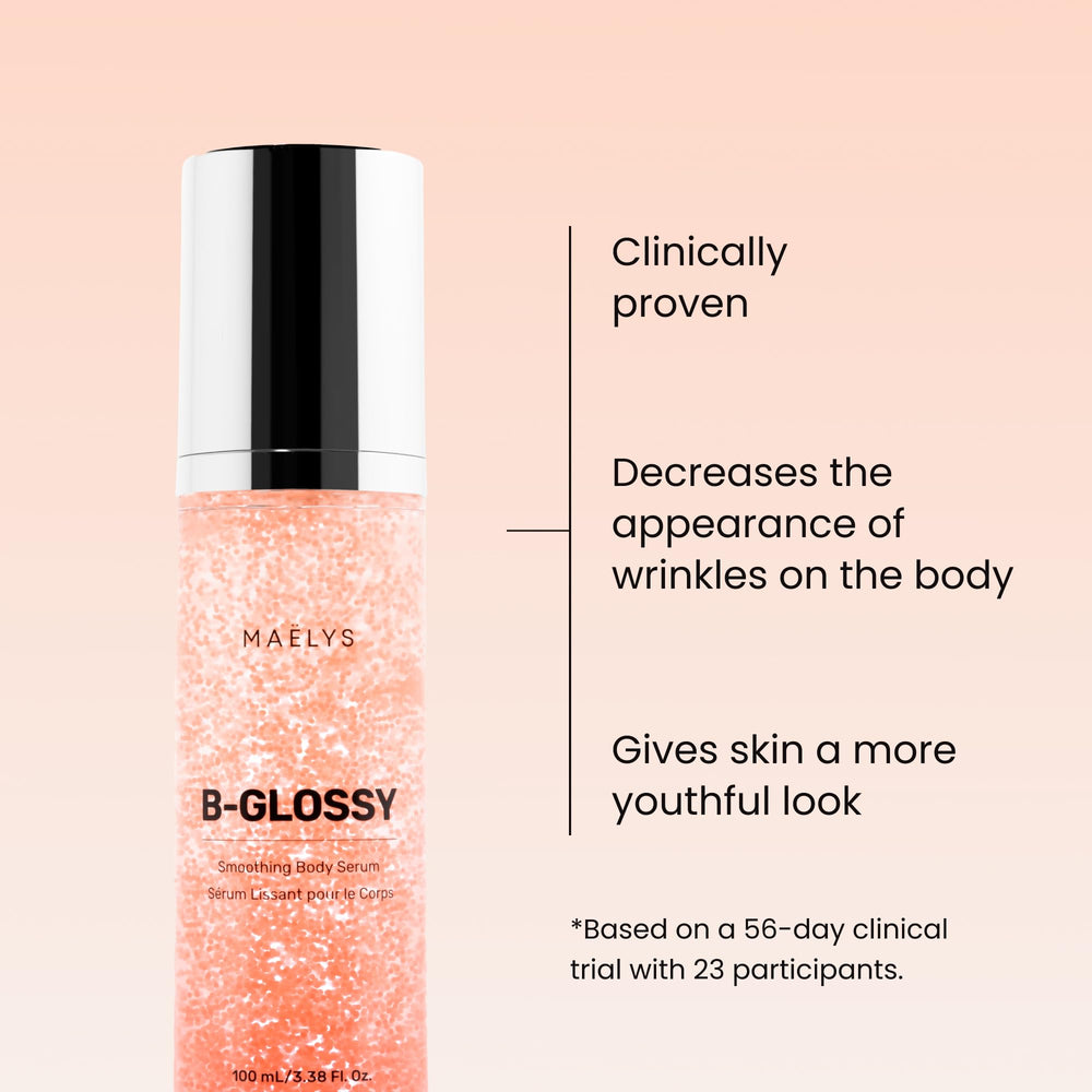 MAËLYS B-GLOSSY serum bottle closeup shows silky, lightweight texture.