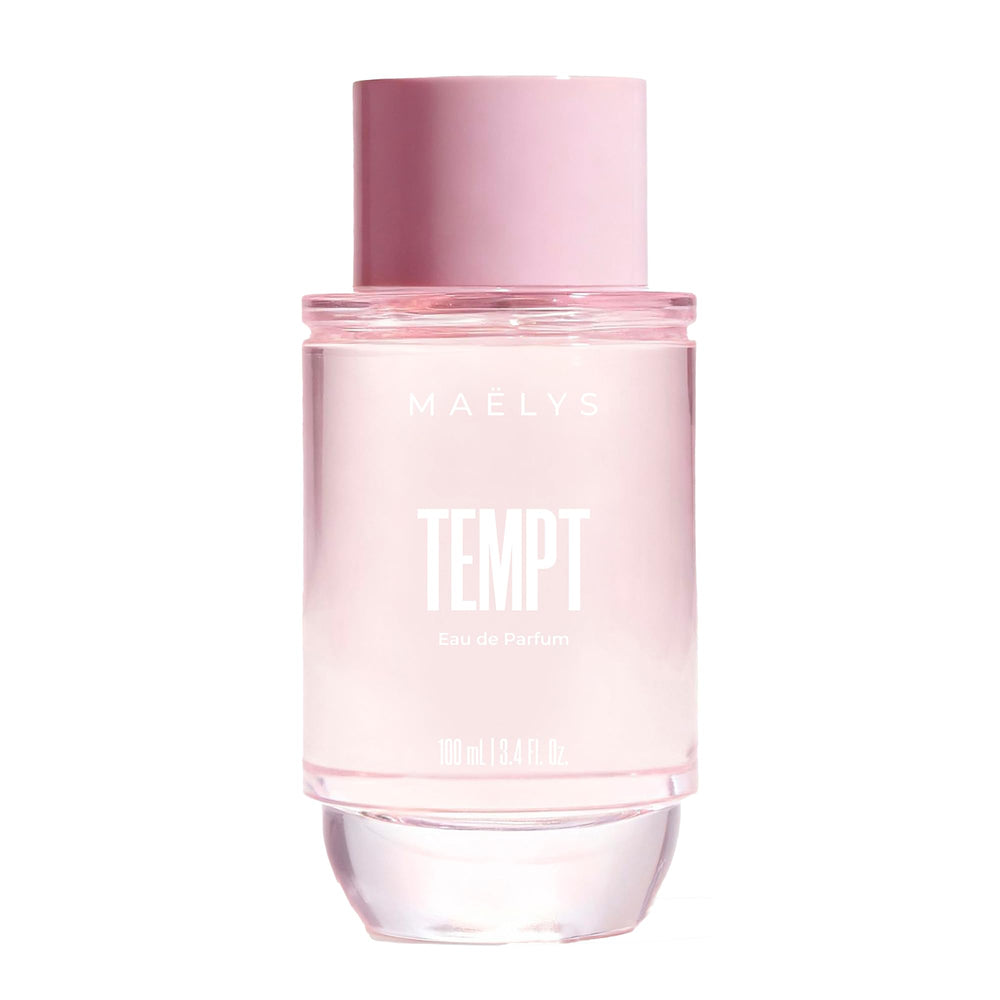 MAËLYS TEMPT bottle front view, a radiant fragrance for everyday wear.
