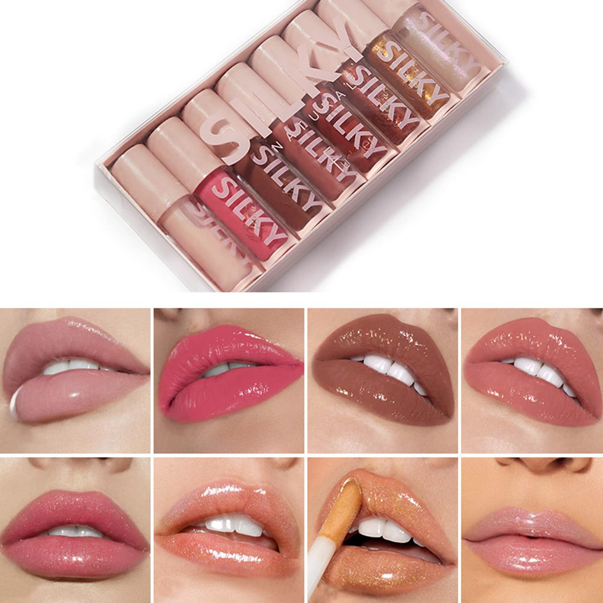 MAEPEOR 8PCS gloss set front view shows vibrant shades and high shine