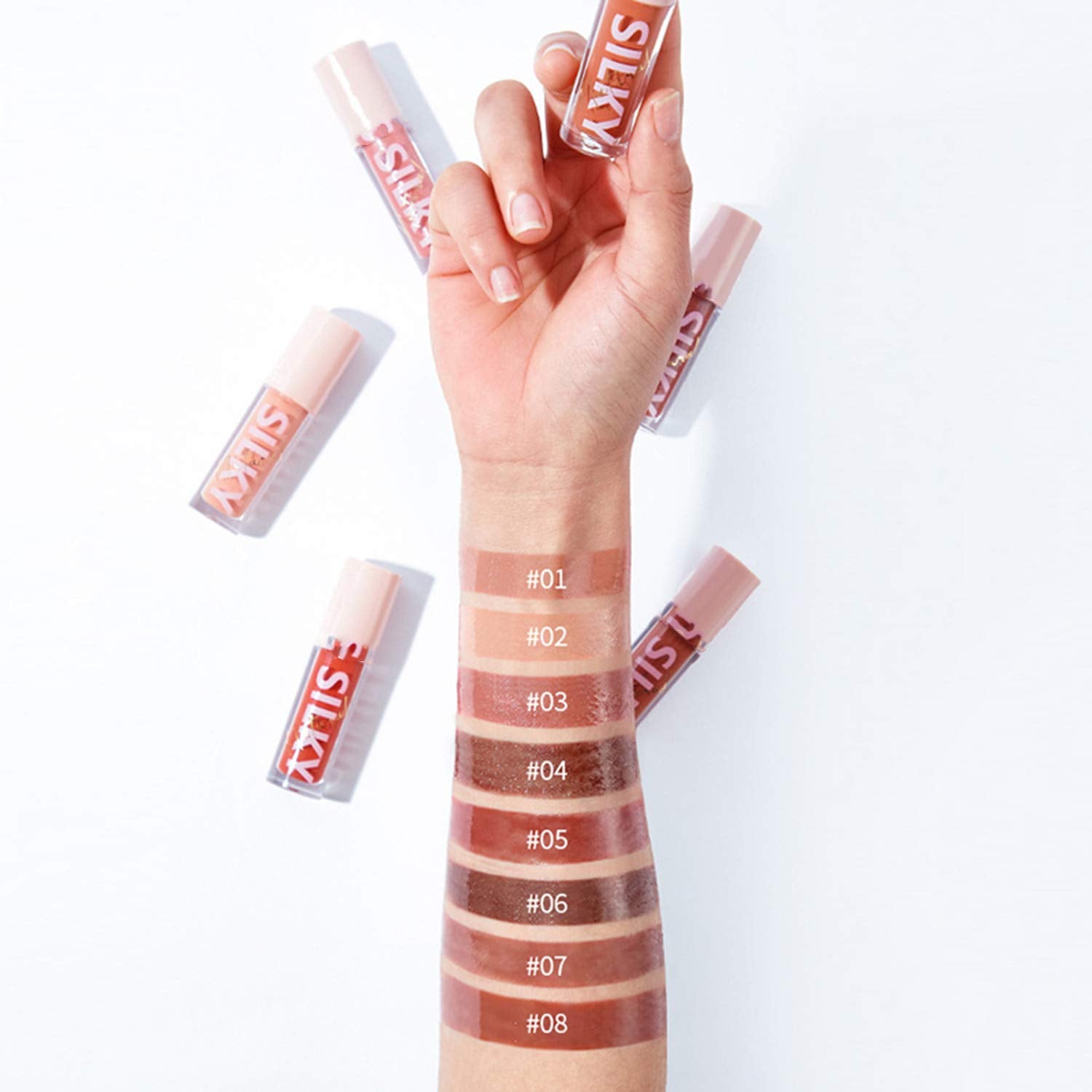 Close-up of MAEPEOR gloss texture highlights hydrating, soft lips.