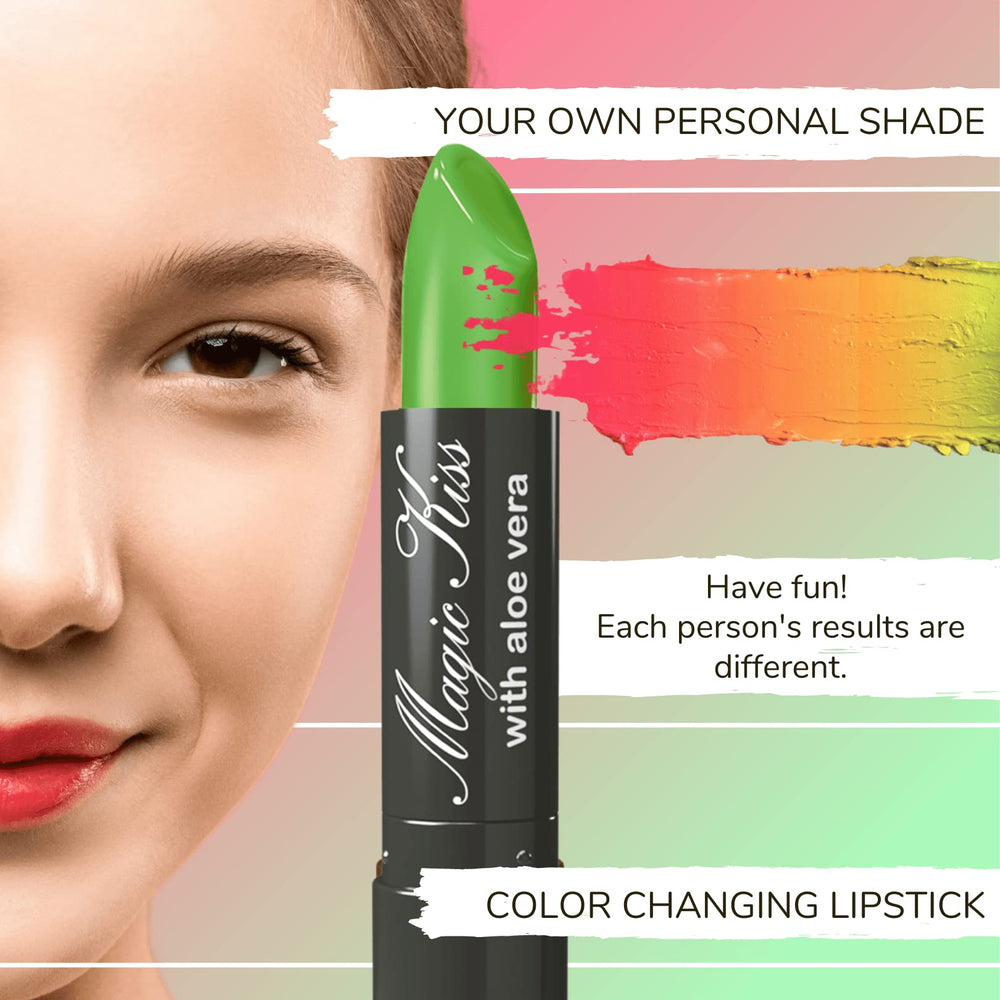 Magic Kiss lip color swatch close-up shows color transformation.