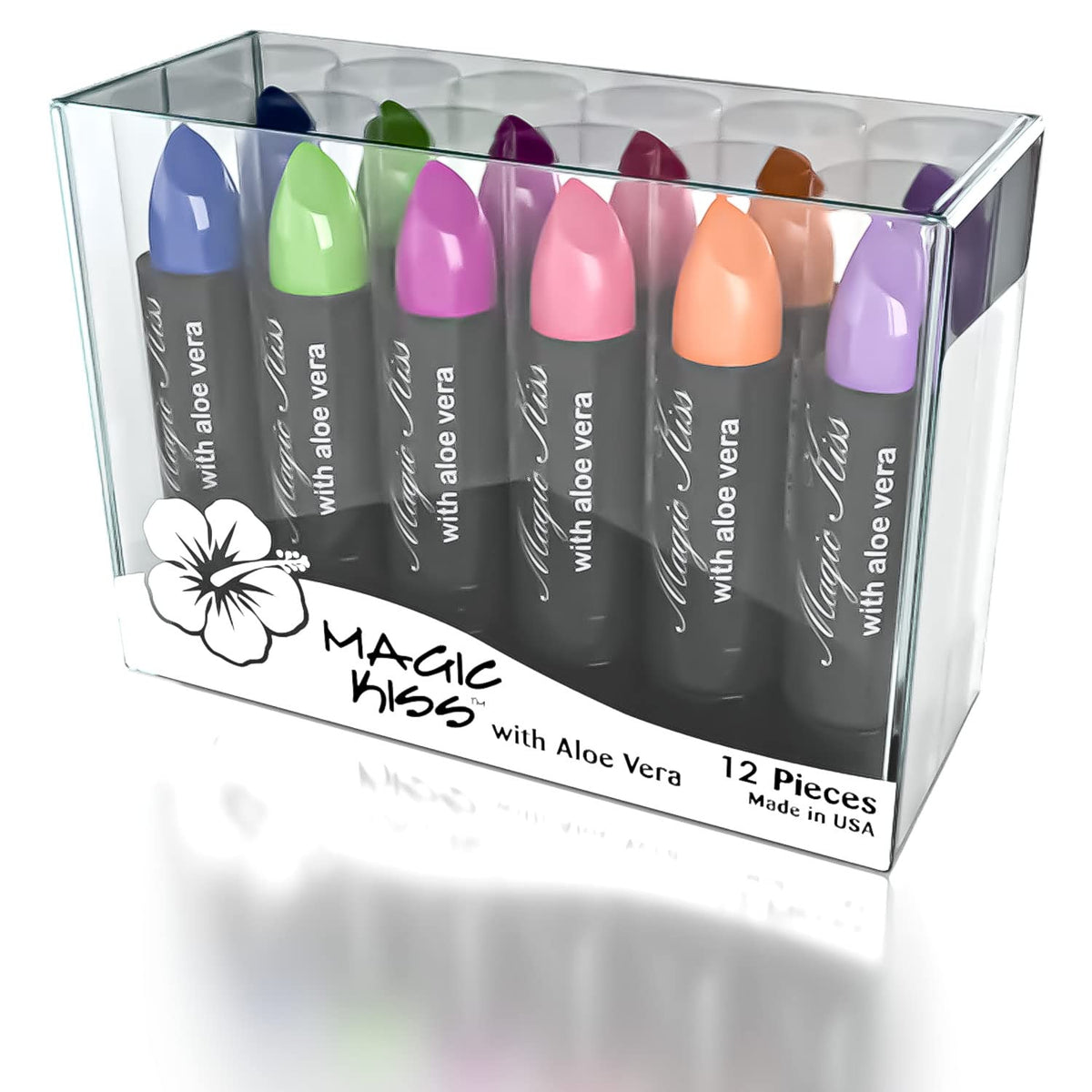 Magic Kiss color-changing lipstick pack with 12 shades, USA-made hydration.