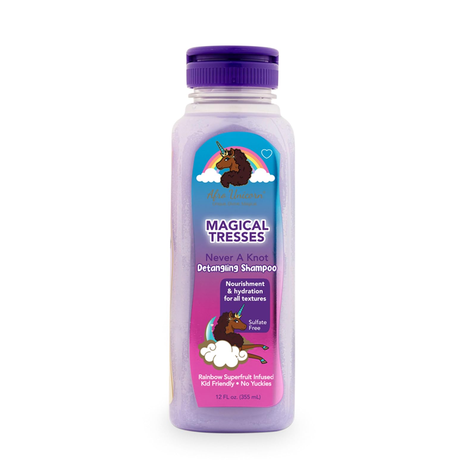 MAGICAL TRESSES Afro Unicorn Shampoo bottle close-up showing gentle detangling for curls