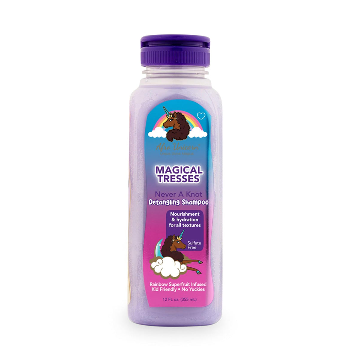 MAGICAL TRESSES Afro Unicorn Shampoo bottle close-up showing gentle detangling for curls
