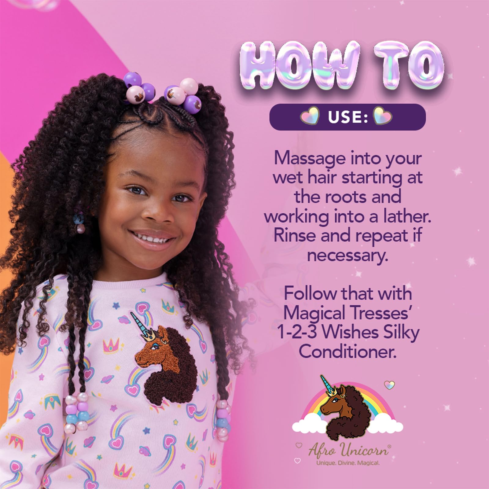 MAGICAL TRESSES Afro Unicorn Shampoo kid-friendly packaging and pump