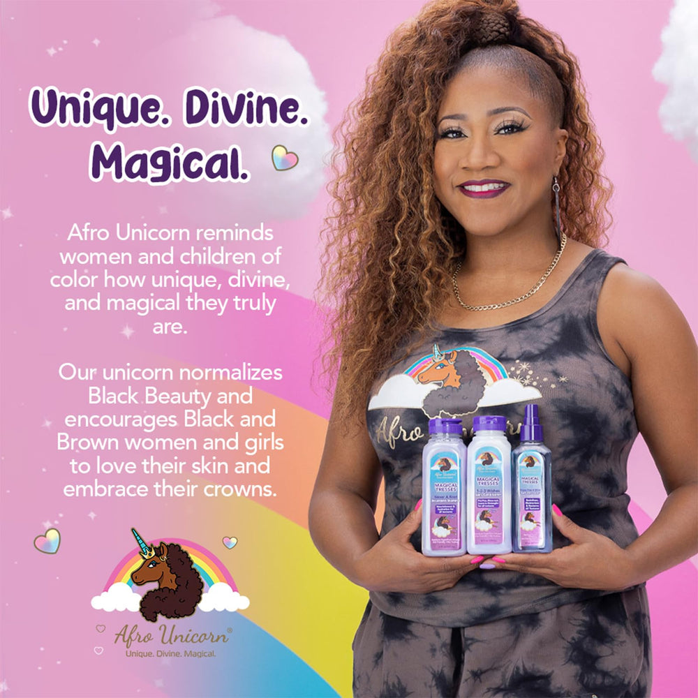 Afro Unicorn logo on Magical Tresses bottle symbolizing inclusive care.