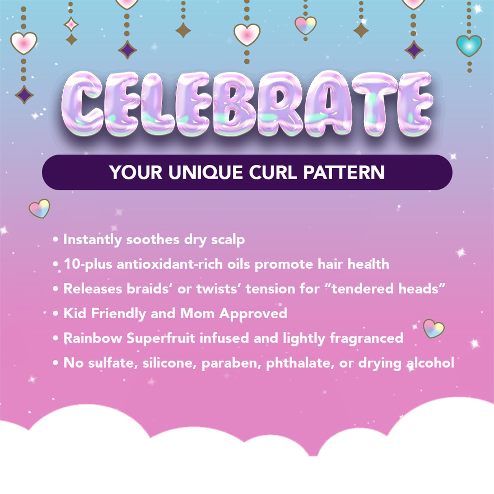 Magical Tresses packaging highlights mom-approved, kid-friendly scalp care.