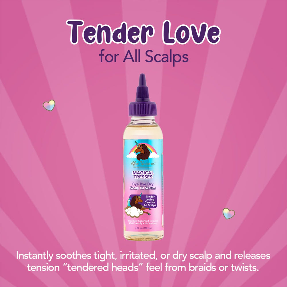 Rainbow Superfruit ingredients label on Magical Tresses bottle for scalp nourishment.