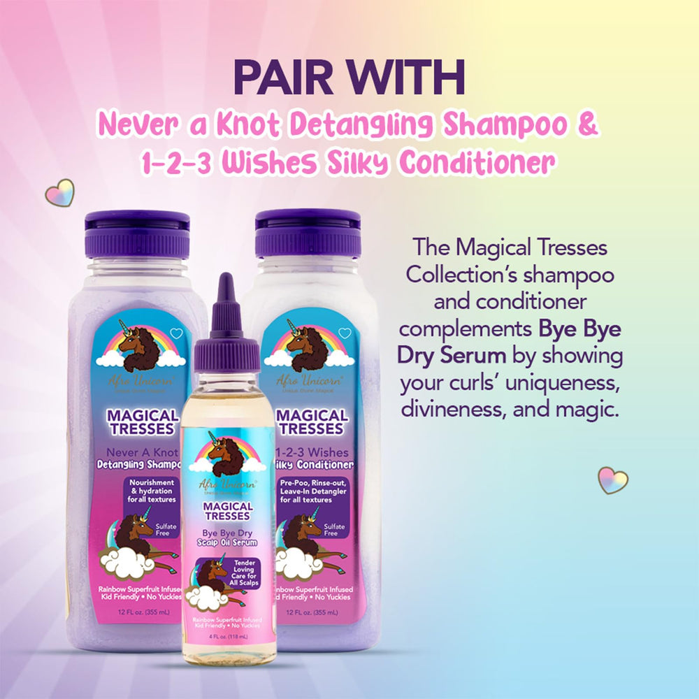 Close-up of Magical Tresses serum moisturizing the scalp and textured hair.