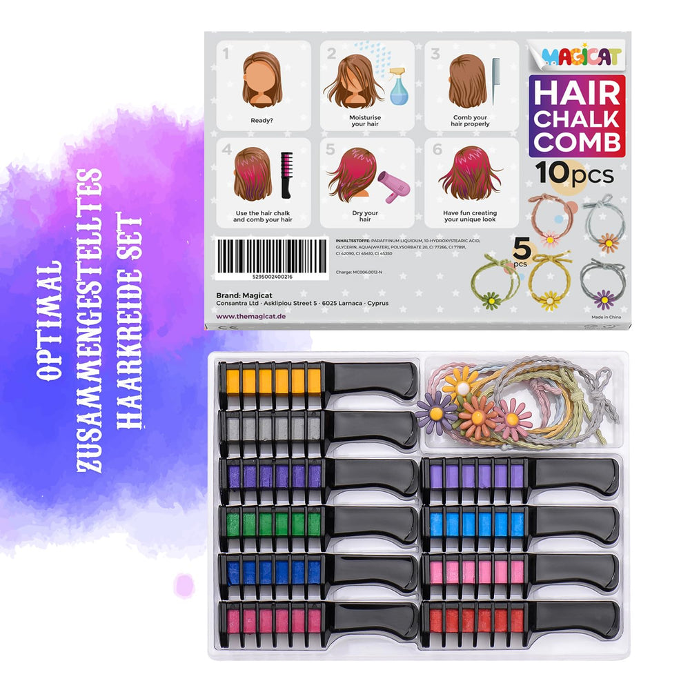 Magicat Hair Chalk Set included hair ties complete the look.
