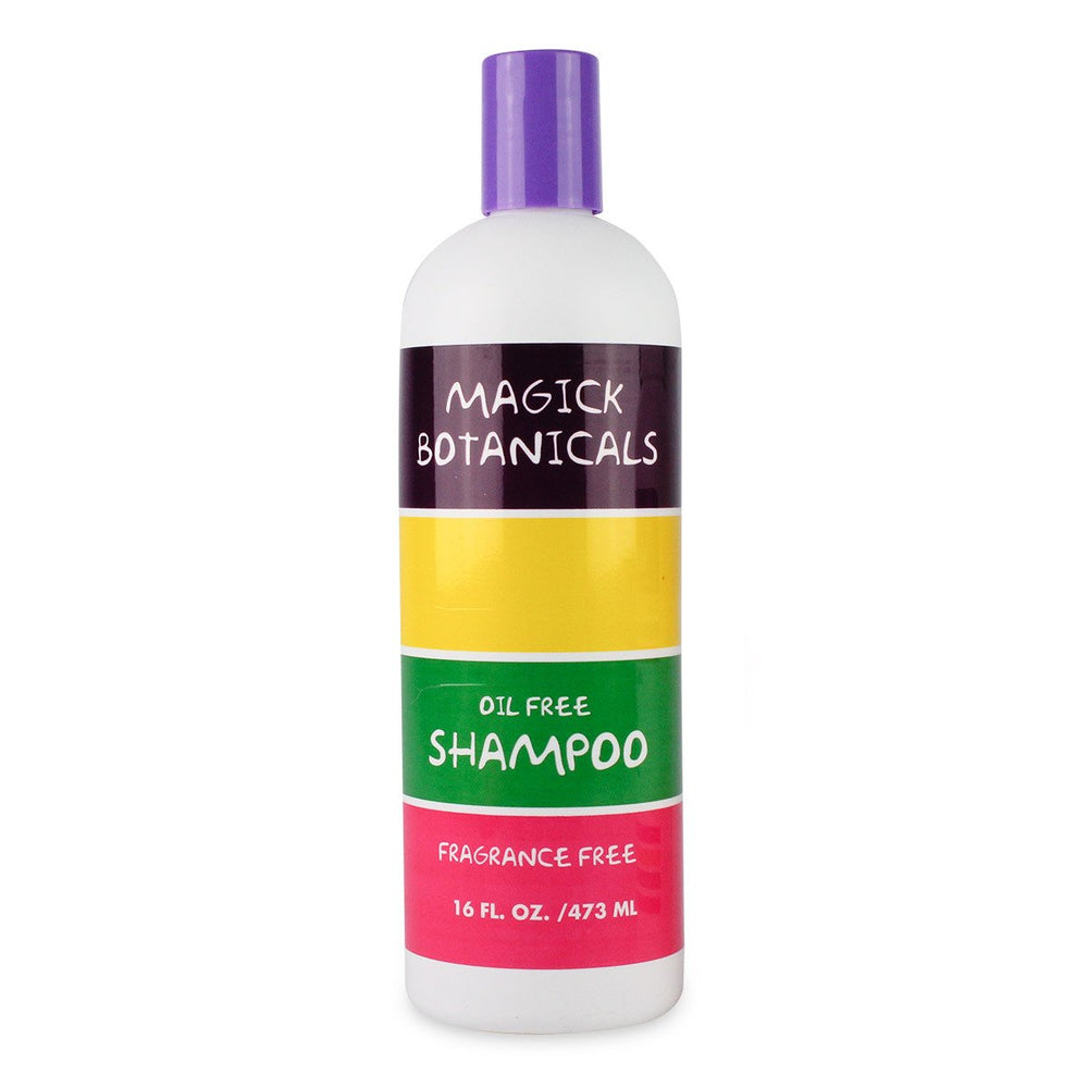 Magick Botanicals oil-free fragrance-free shampoo label highlighting a gentle, color-safe cleanse