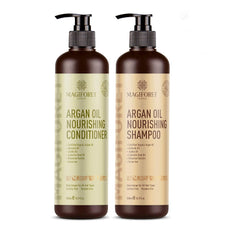 MagiForet argan oil shampoo bottle highlights shine and detangling.