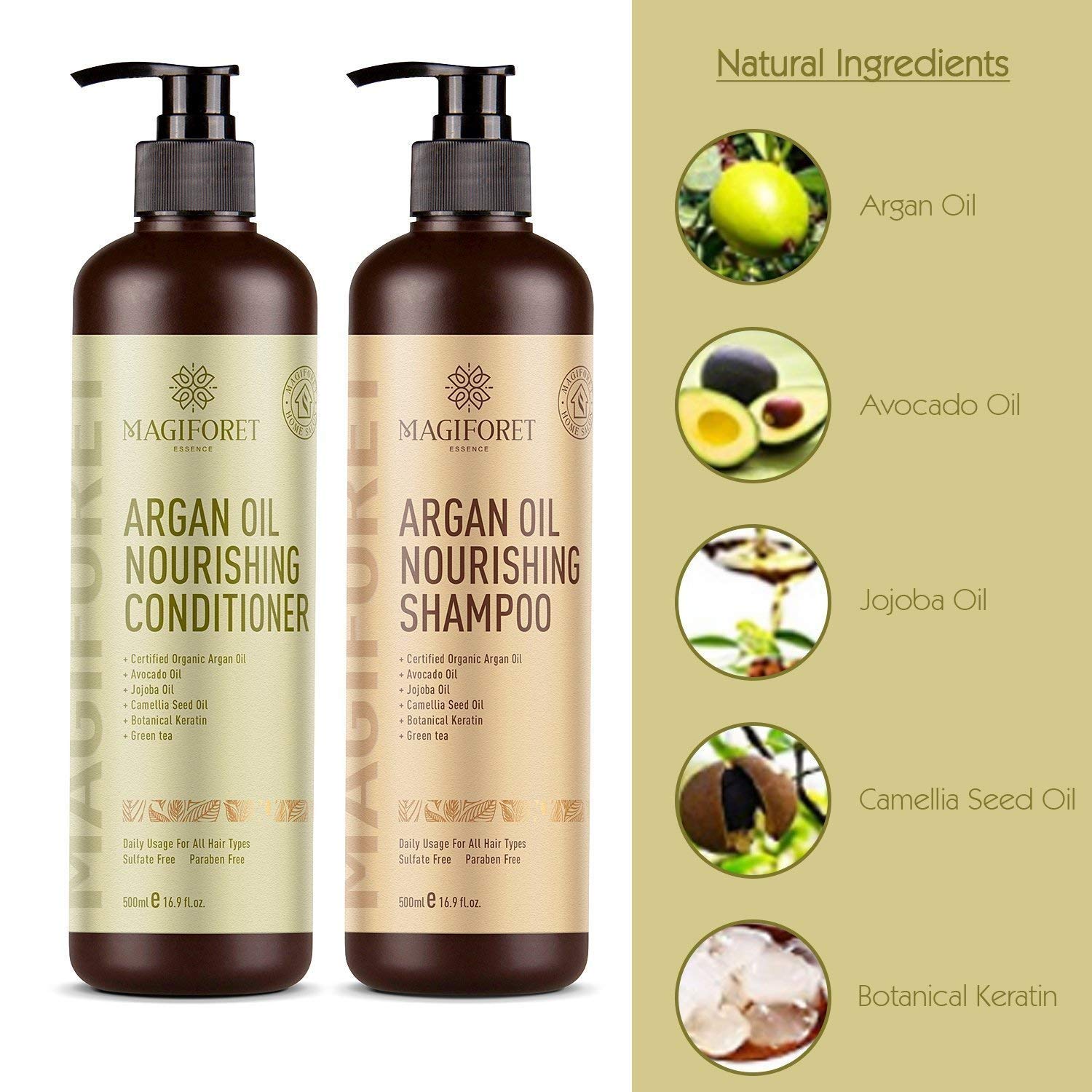 MagiForet shampoo and conditioner set flatlay with color-safe packaging.
