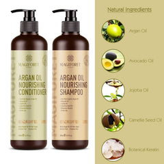 MagiForet shampoo and conditioner set flatlay with color-safe packaging.