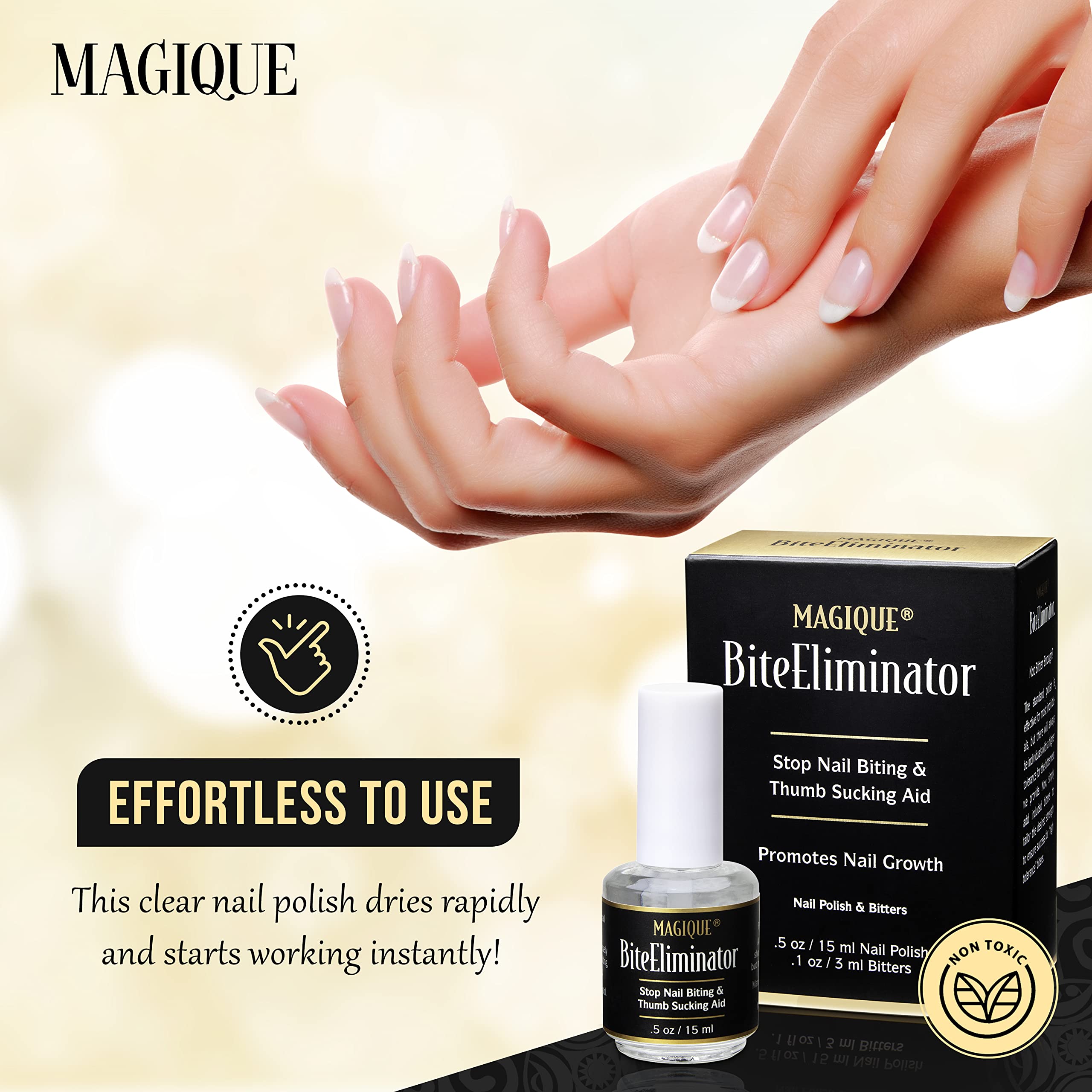 Magique Bite Eliminator clear coat highlights odorless, waterproof protection.