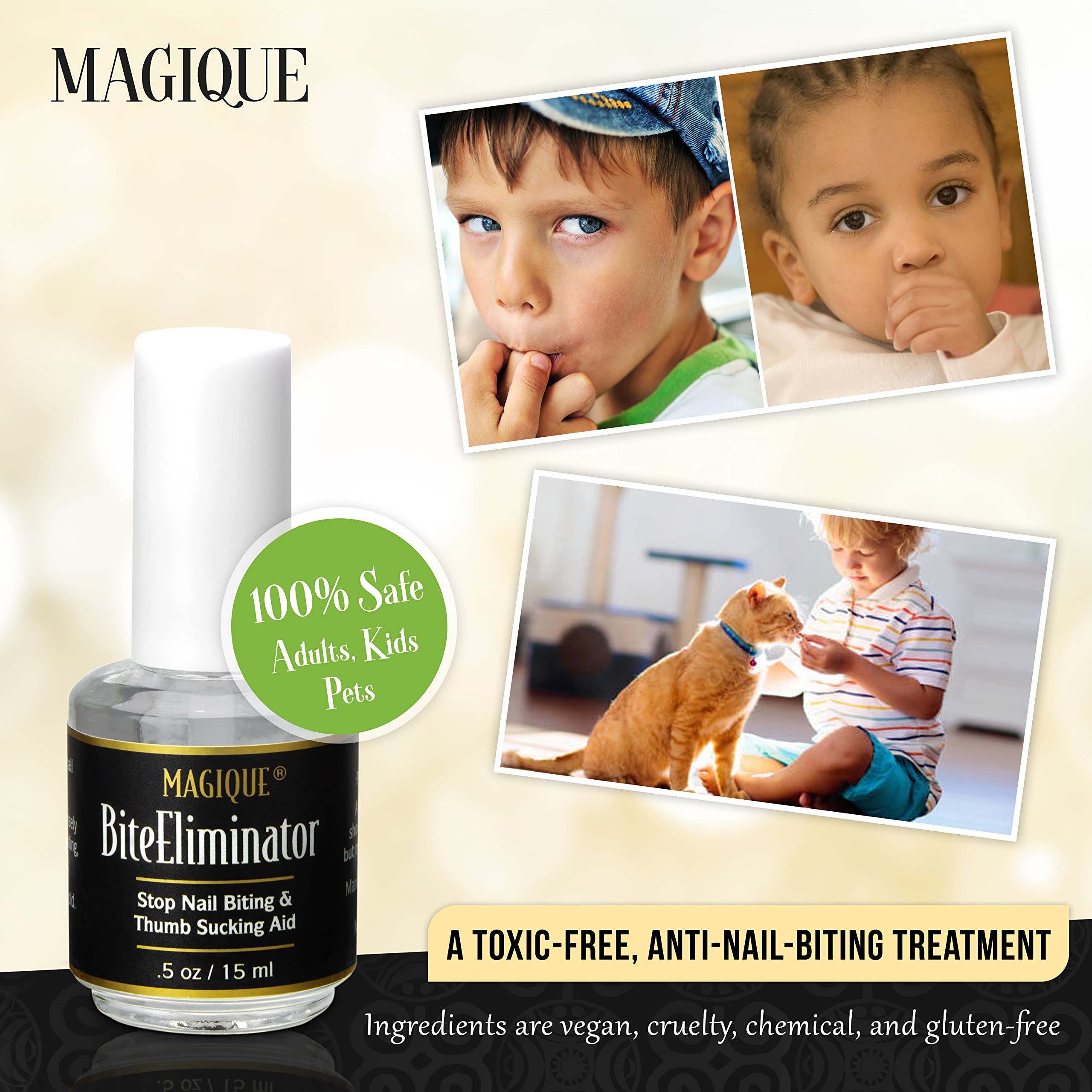 Magique Bite Eliminator kid-use context suggests gentle habit support.