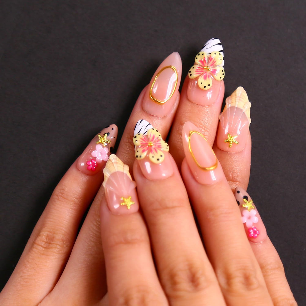 MAGLFELL spring press on nails almond 3D design, durable and reusable for salon-like results.