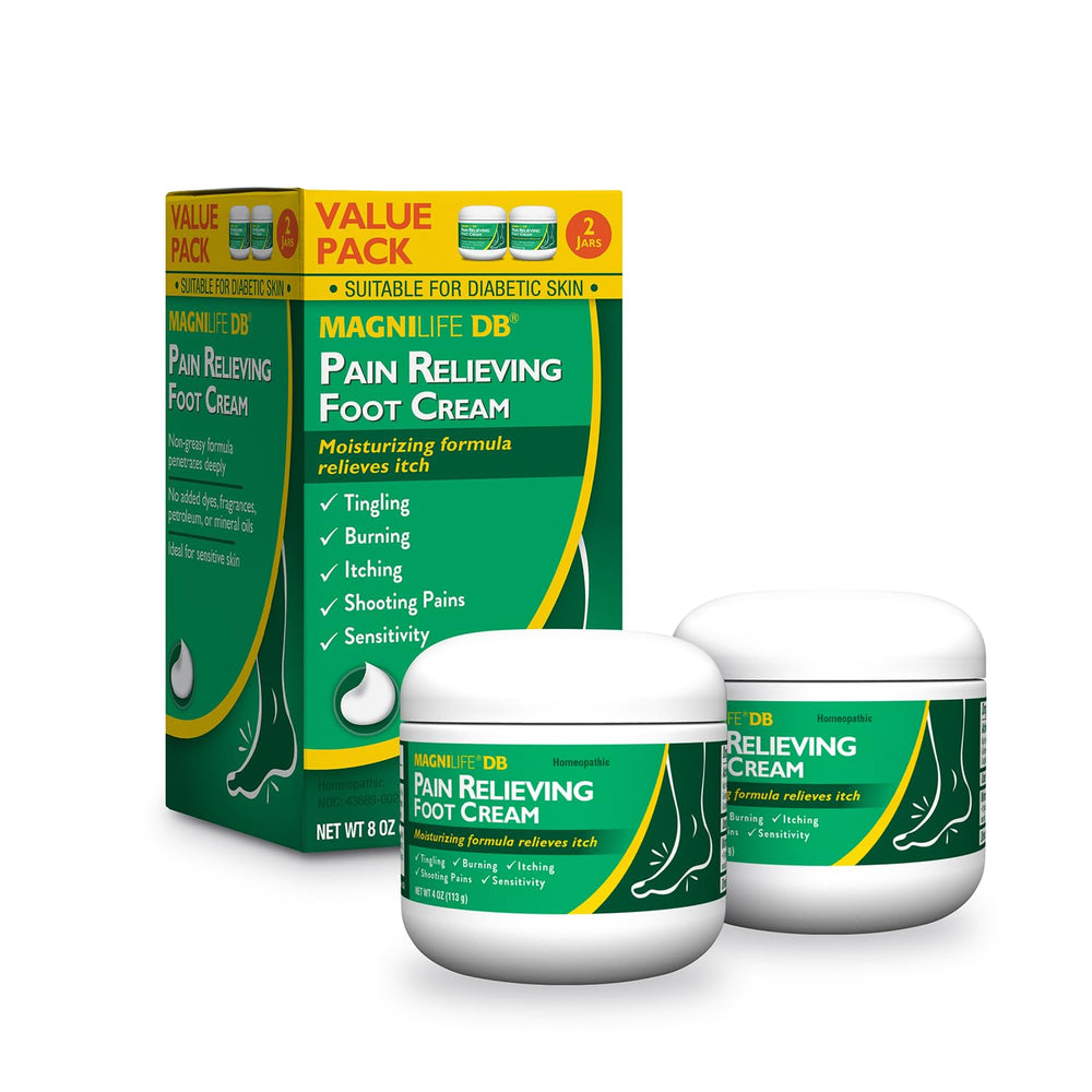 MagniLife DB foot cream jar close-up for soothing dry skin and comfort.