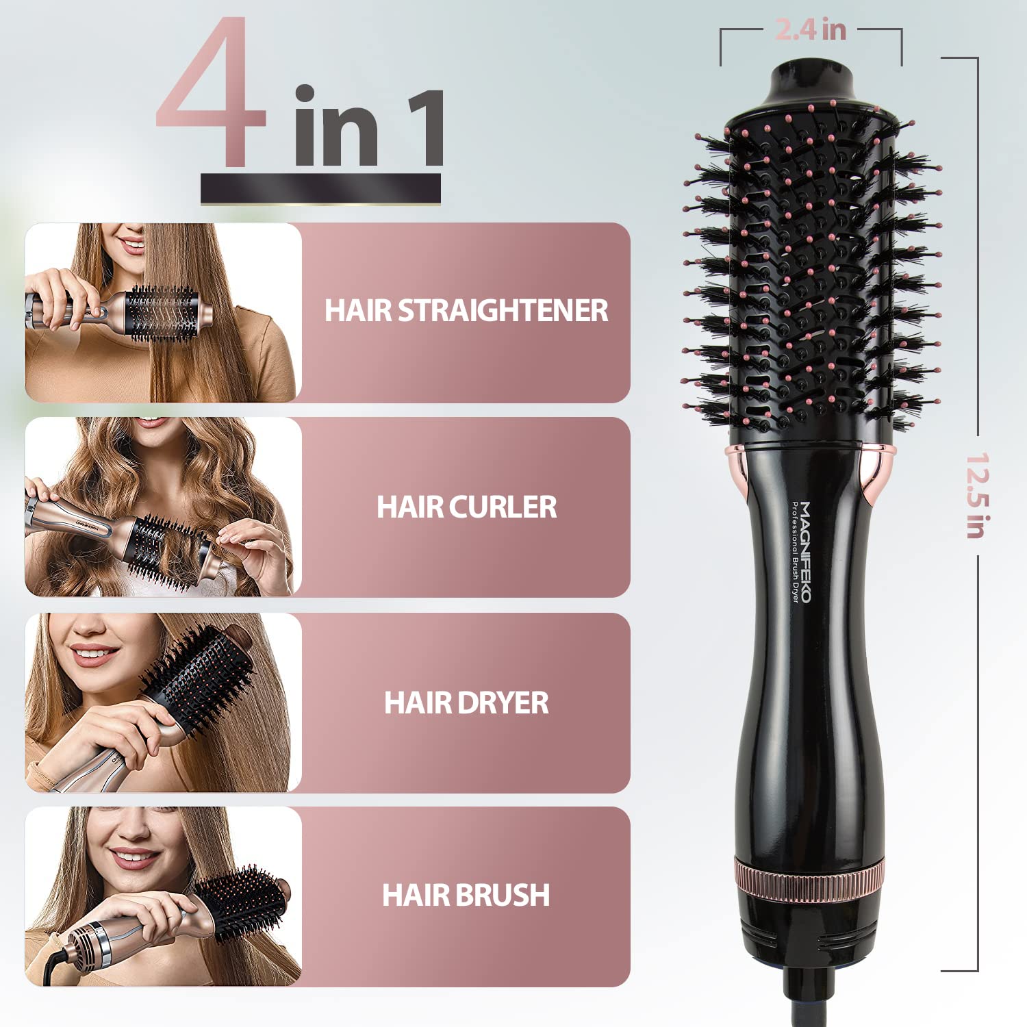 Magnifeko round hair dryer brush shows nylon pins and tufted bristles for detangling and lift.
