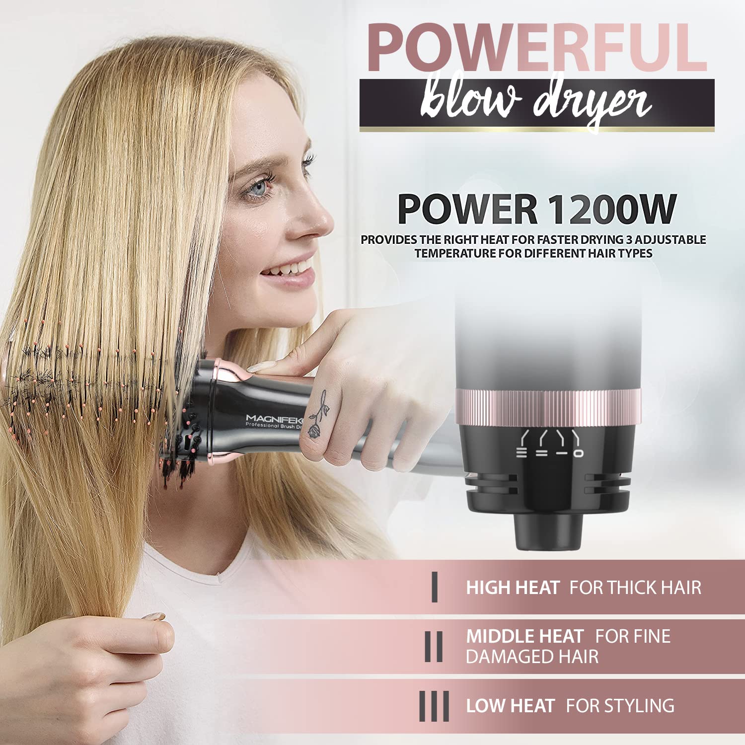 Magnifeko round hair dryer brush dries hair efficiently with even heat distribution.