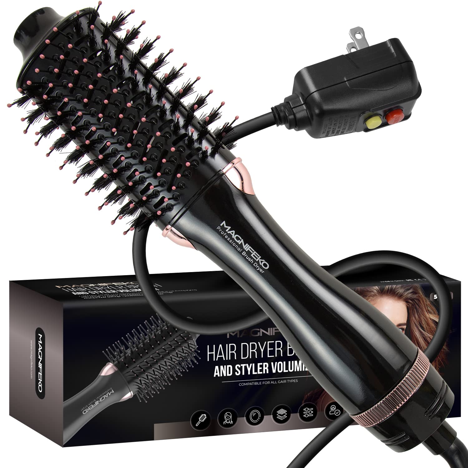 Magnifeko round hair dryer brush in action for quick styling and shine.