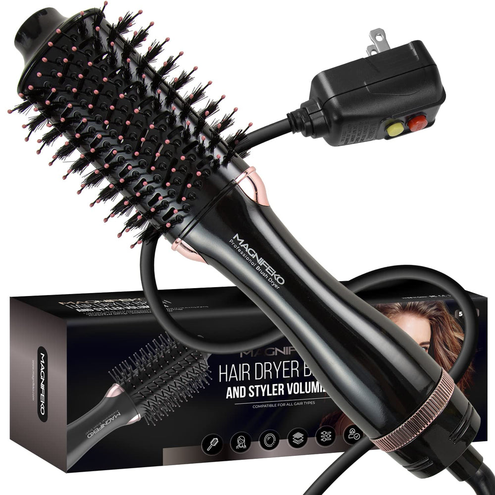 Magnifeko round hair dryer brush in action for quick styling and shine.