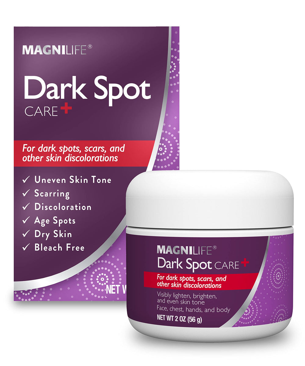 MagniLife Dark Spot Care bottle front showing no bleach formula for even skin tone.
