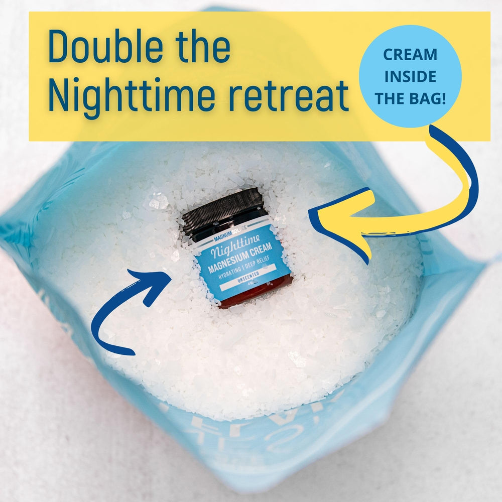 Magnum Solace cream tucked inside the bag for nighttime relaxation