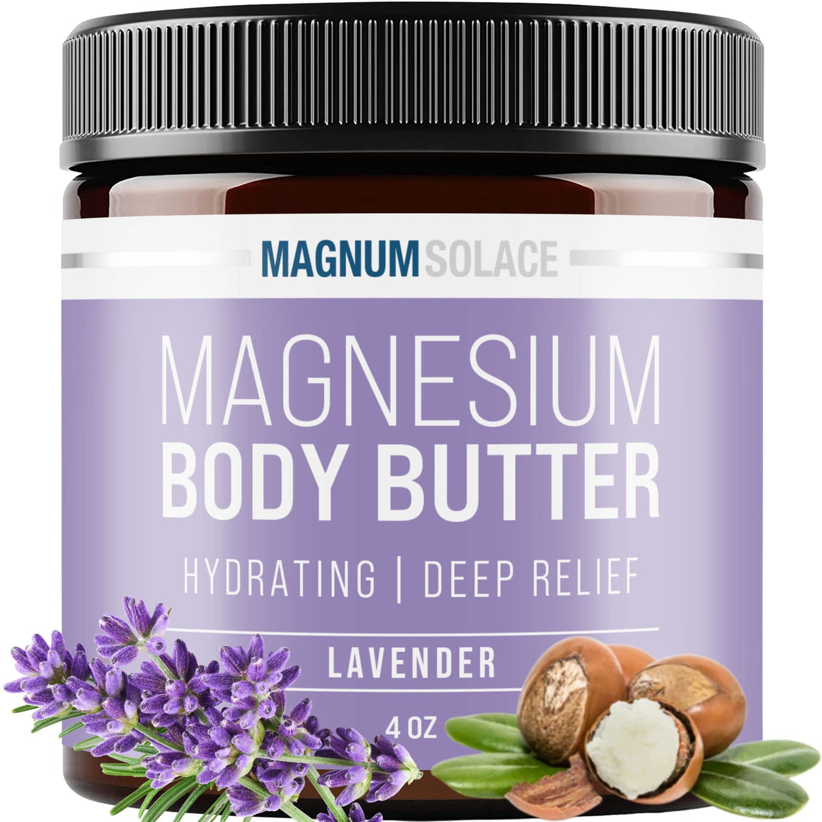Magnum Solace magnesium body butter jar shown for deep hydration and lavender aroma.
