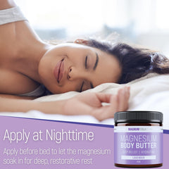 Close-up of Magnum Solace magnesium body butter lavender label for calming nighttime ritual.