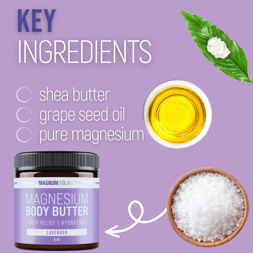 Magnum Solace magnesium body butter beside bedtime items suggesting nightly routine.
