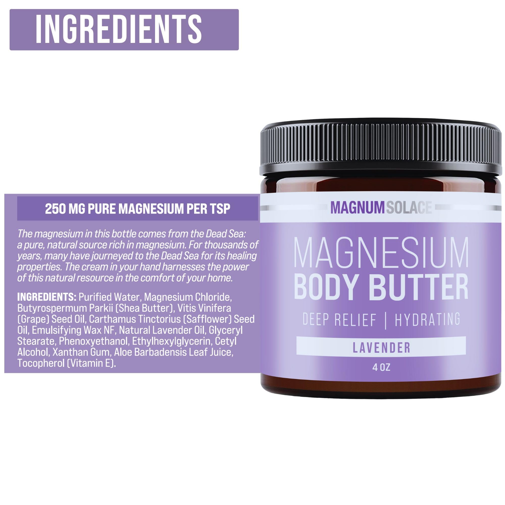 Packaging of Magnum Solace Magnesium Body Butter with lavender scent details.