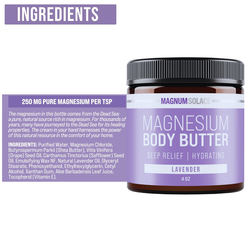 Packaging of Magnum Solace Magnesium Body Butter with lavender scent details.