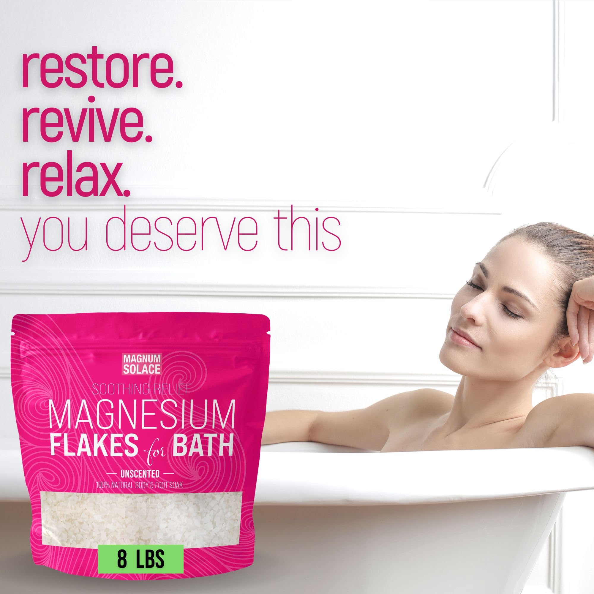 Magnum Solace magnesium flakes bath measure cup—easy dosing for a consistent, luxurious soak.