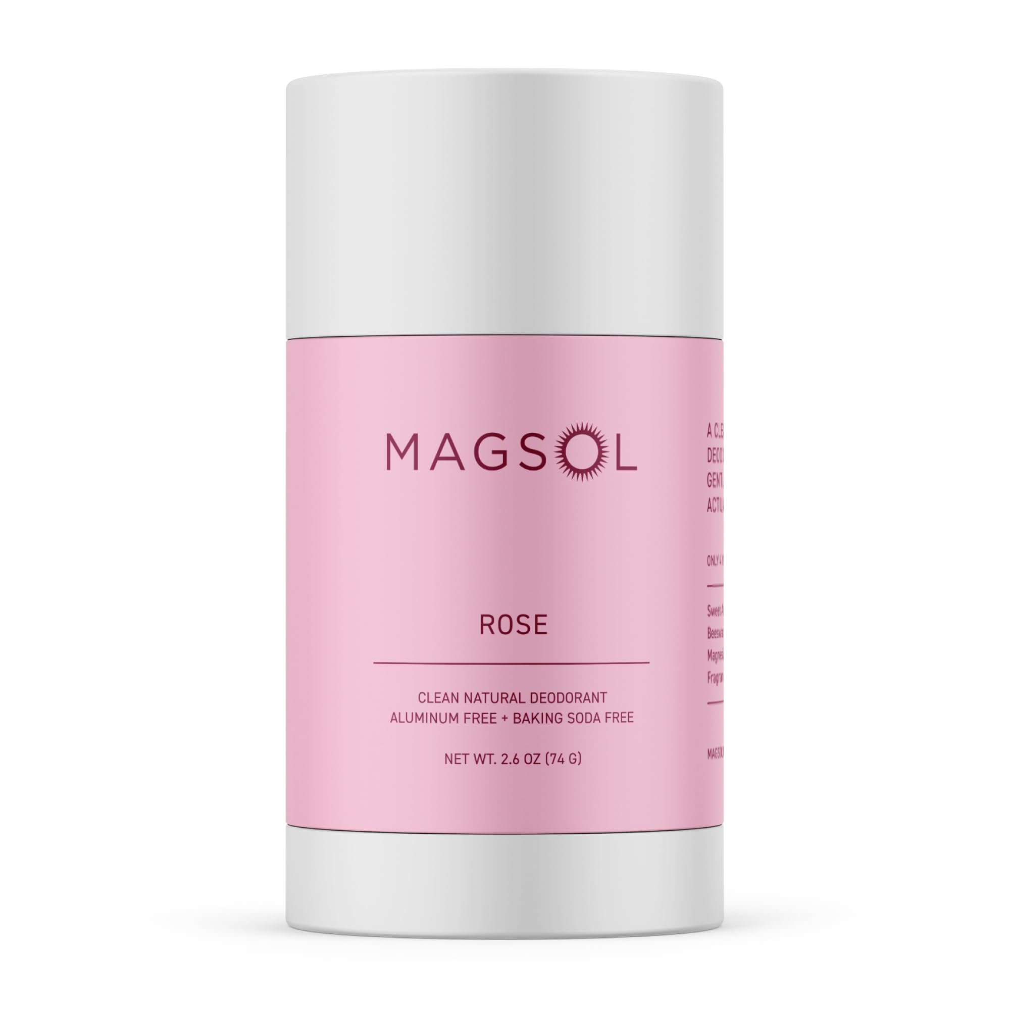 Packaging of MAGSOL Rose deodorant highlights aluminum-free protection for sensitive skin.