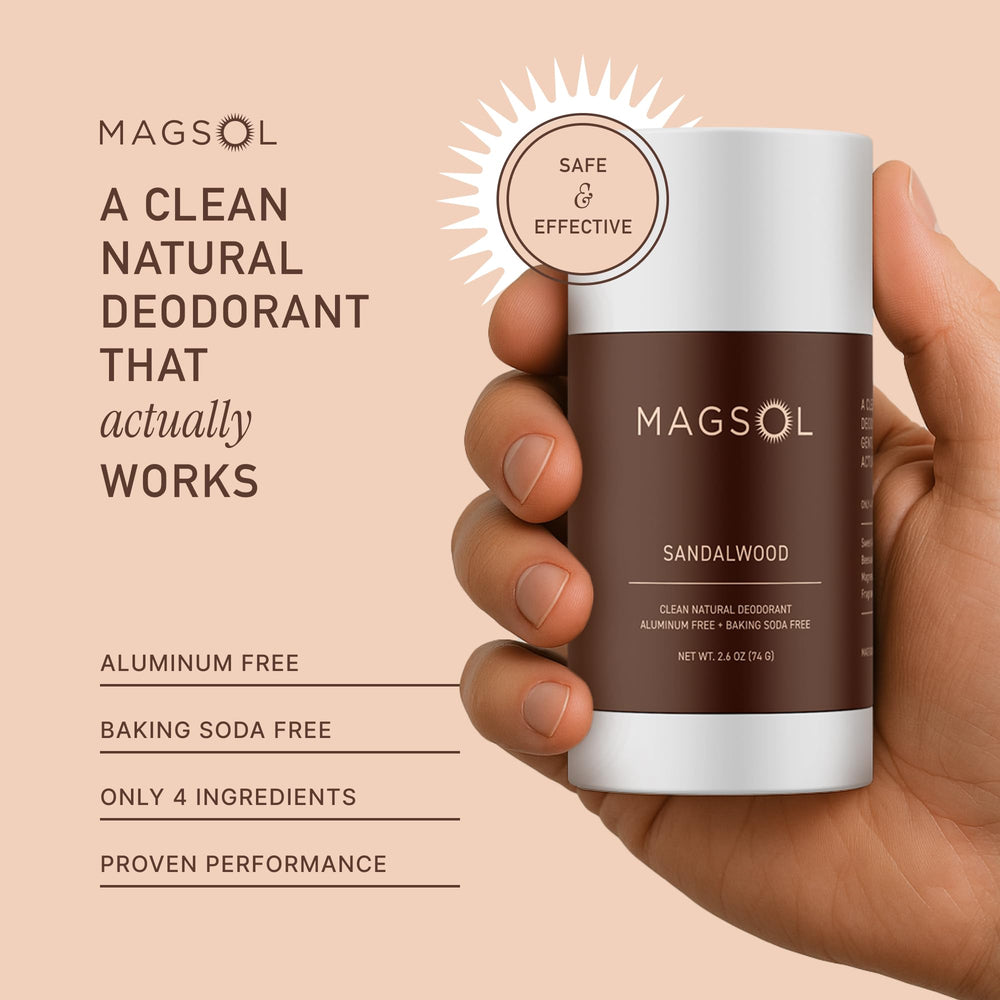 MAGSOL Organics deodorant sandalwood 2-pack back label highlights ingredients and aluminum-free claim