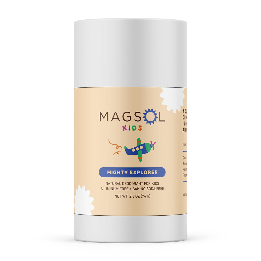 MagSol Organics Mighty Explorer deodorant 2-6oz packaging showcases aluminum-free, skin-friendly care.