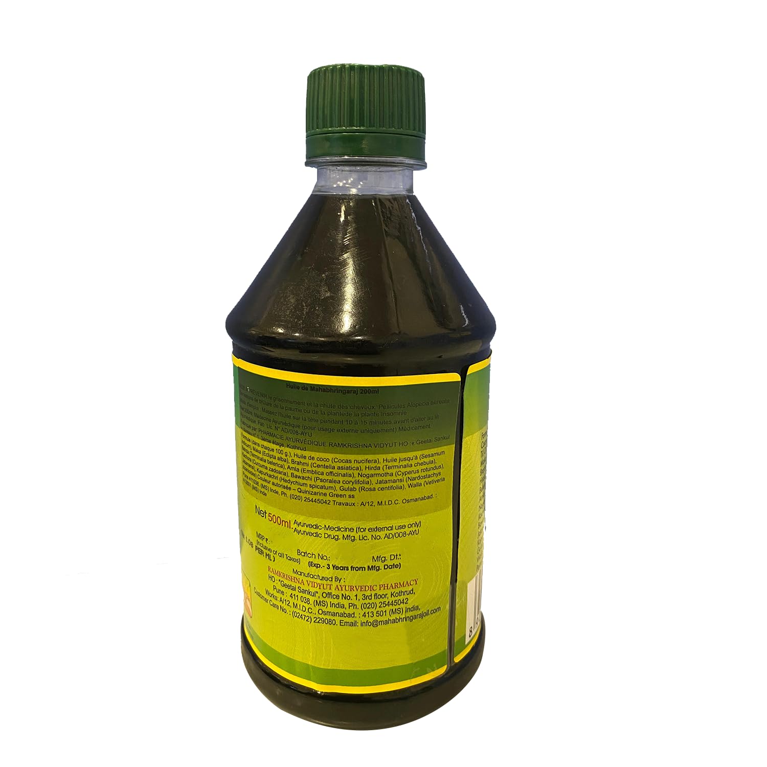 Mahabhringaraj Oil ingredients label shows a pure herbal formula.