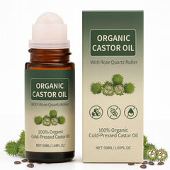 Maidlure castor oil roll-on with rose quartz bottle for on-the-go hydration