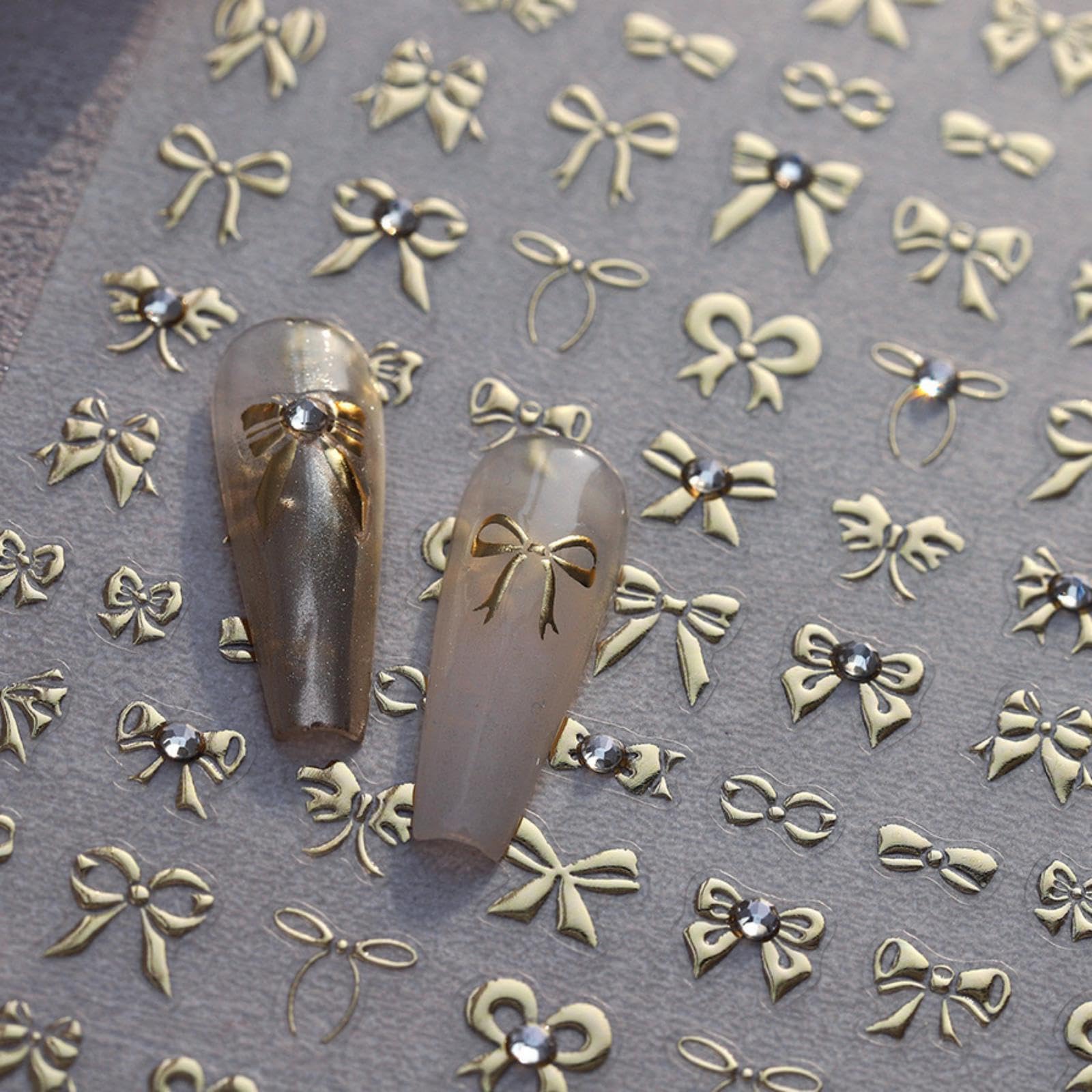 Maigitur 5D embossed gold bow nail stickers with rhinestones for a luxurious spring manicure